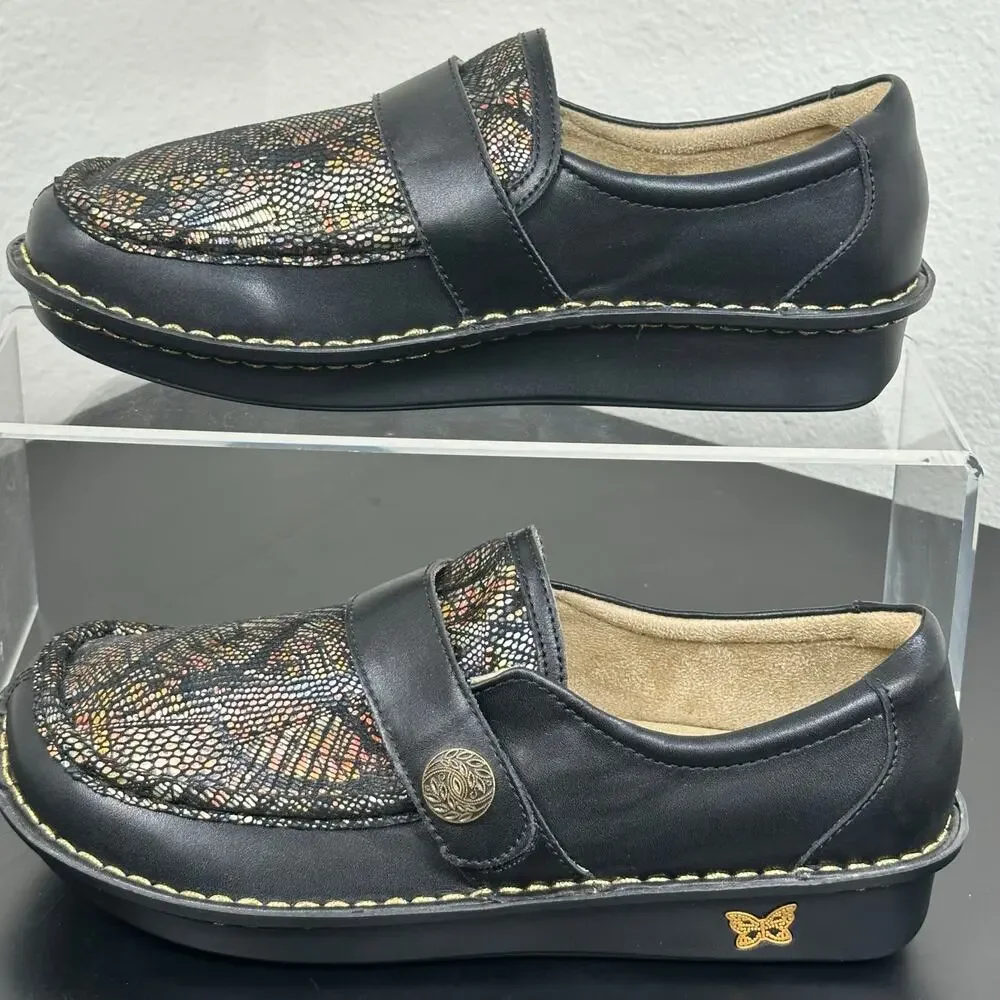 Alegria Women Black Metallic Leather Moc Toe Loafers Slip On Size 10 Preowned